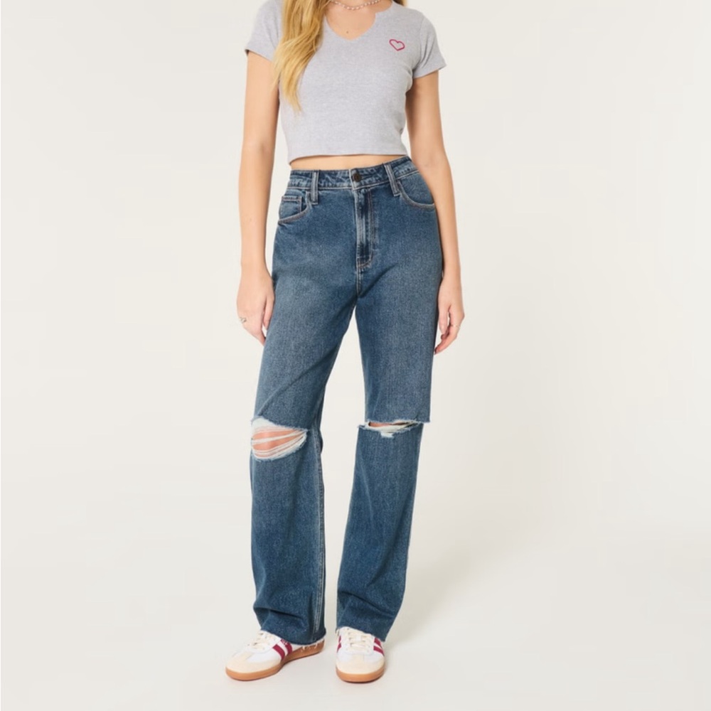 HOLLISTER ULTRA HIGH-RISE RIPPED DARK WASH DAD JEANS